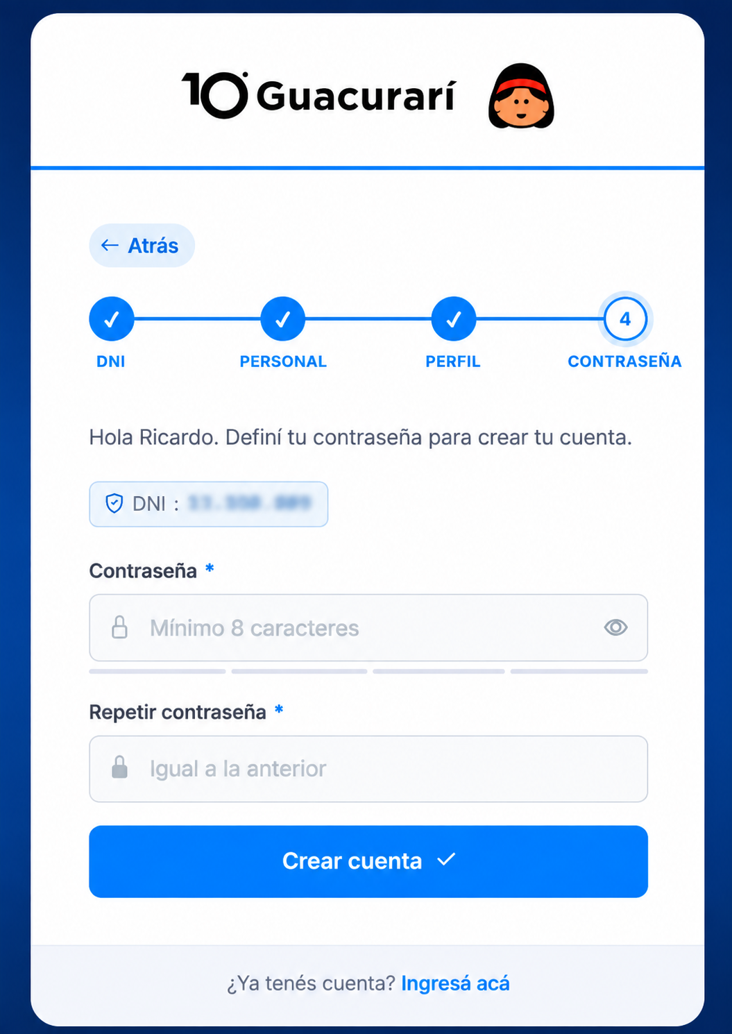 4. Contraseña. Elegí la contraseña con la que vas a ingresar a tu nueva cuenta Guacurarí.