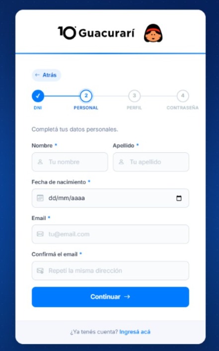 2. Datos personales. Completá o verificá nombre, apellido, fecha de nacimiento y correo electrónico. Usá un correo actual al que puedas acceder.