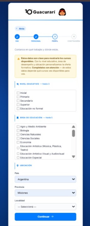 3. Perfil educativo. Indicá niveles educativos, áreas en las que te desempeñás y ubicación laboral para personalizar la oferta.